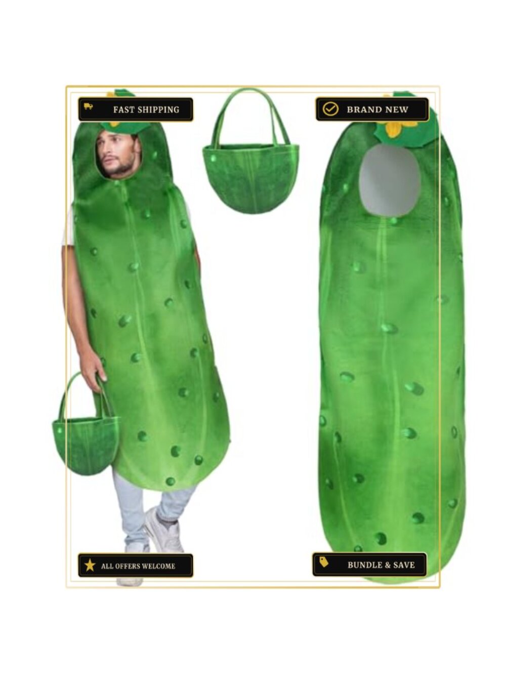 Pickle Halloween Costume Adult Green Cucumber Jumpsuit + Tote Bag One Size